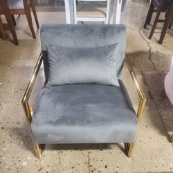 Glam and Luxe Grey Velvet Fabric Upholstered Gold Finished Metal Accent Chair