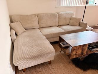 Cream Corduroy Sectional Sofa with Chaise