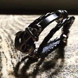 Black Leather Anchor Double Wrap Bracelet Men's Fashion Gift