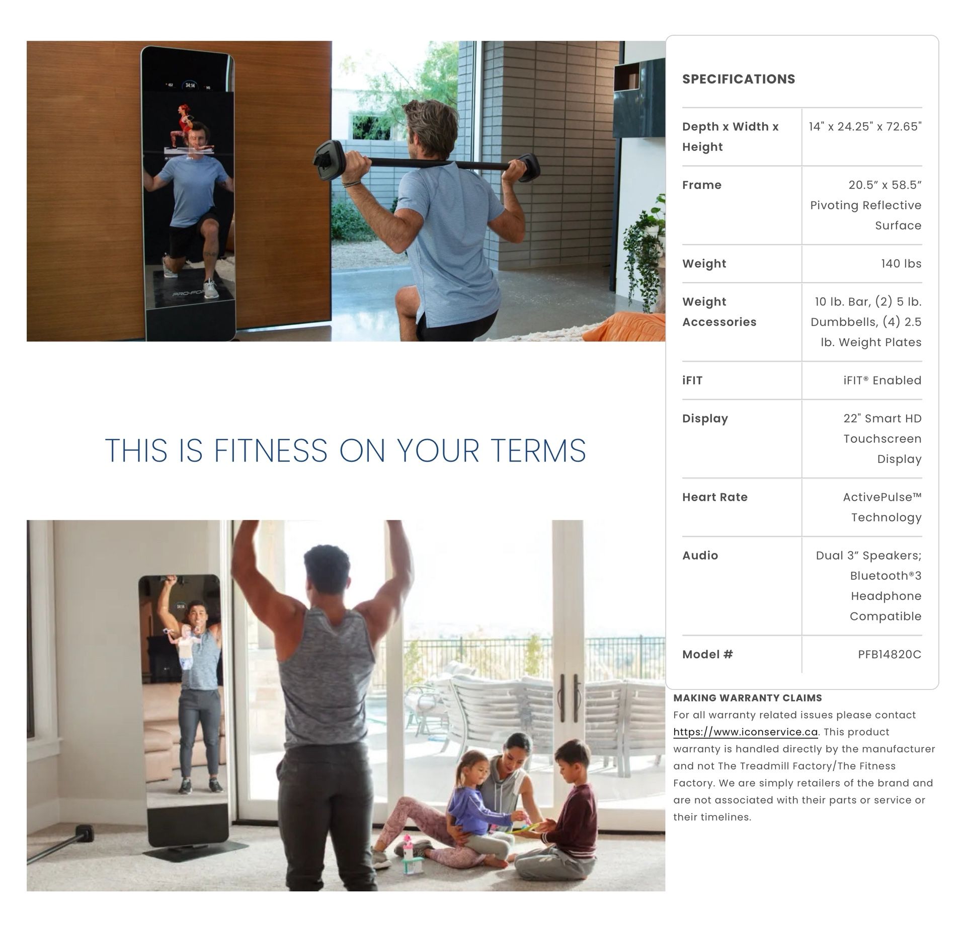 PROFORM 360 SMART FITNESS MIRROR WITH 22’ HD TOUCHSCREEN & IFIT TRAINER 