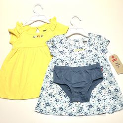 New! Levi’s Baby Girl, 12 Month, 3 Pc Set -2 Dresses & 1 Bloomer, Blue Yellow