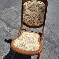 Antique Victorian Rose Embroidered Tapestry Carved Walnut Folding Rocking Chair