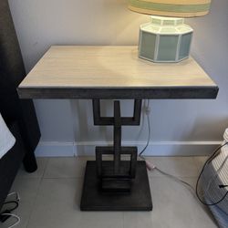 Two Lexington Oyster Bay Deerwood Rectangular Side Tables with an antique pewter burnished metal base and an Oyster gray wood inset top. 