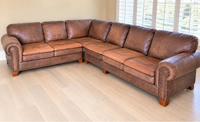 Brown leather studded Nubuck sectional sofa