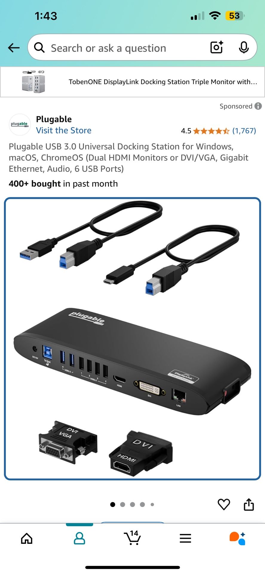 Plugable USB 3.0 Universal Docking Station for Windows, macOS, ChromeOS (Dual HDMI Monitors or DVI/VGA, Gigabit Ethernet, Audio, 6 USB Ports)