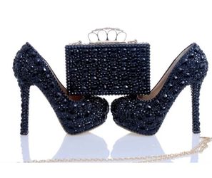 Luxury Black cyrstal wedding shoes with matching bags woman fashion Diamonds shoes High heels Womens Platform shoes