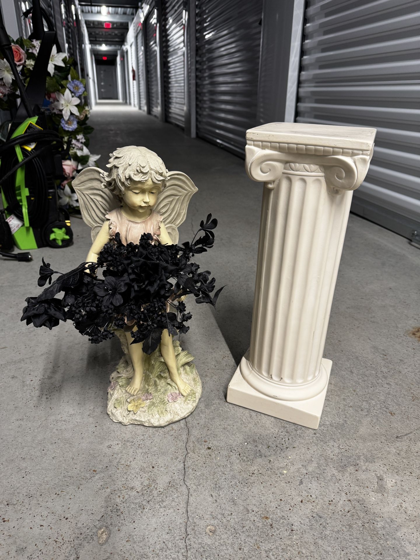 Angel Statue with Black Flowers and Pedestal