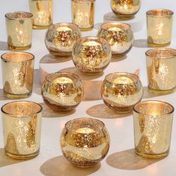 Devi 24pcs Assorted Gold Votive Candle Holders, Mercury Glass Candle Holder