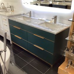 60” Bathroom Vanity Cabinet New Solid Wood Fully Assembled With Softclose Drawers Marble Top With 2 Sinks Ready For Pick Up Today