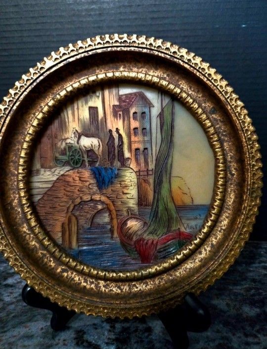 Vintage Artini Sculptured Engraving Wall Art Venice Round Gold Gilded Frame 8"