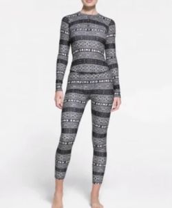 SKIMS Logo Plush Pointelle Henley Holiday Pajama Set Black/White Logo In Onyx