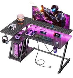 40 inch gaming desk with power outlet and LED lights, Carbon Fiber Black