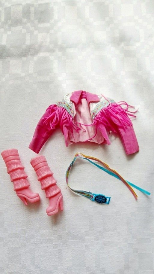 1989 Barbie Doll Cowgirl Western Pink Fringed Jacket And Belt