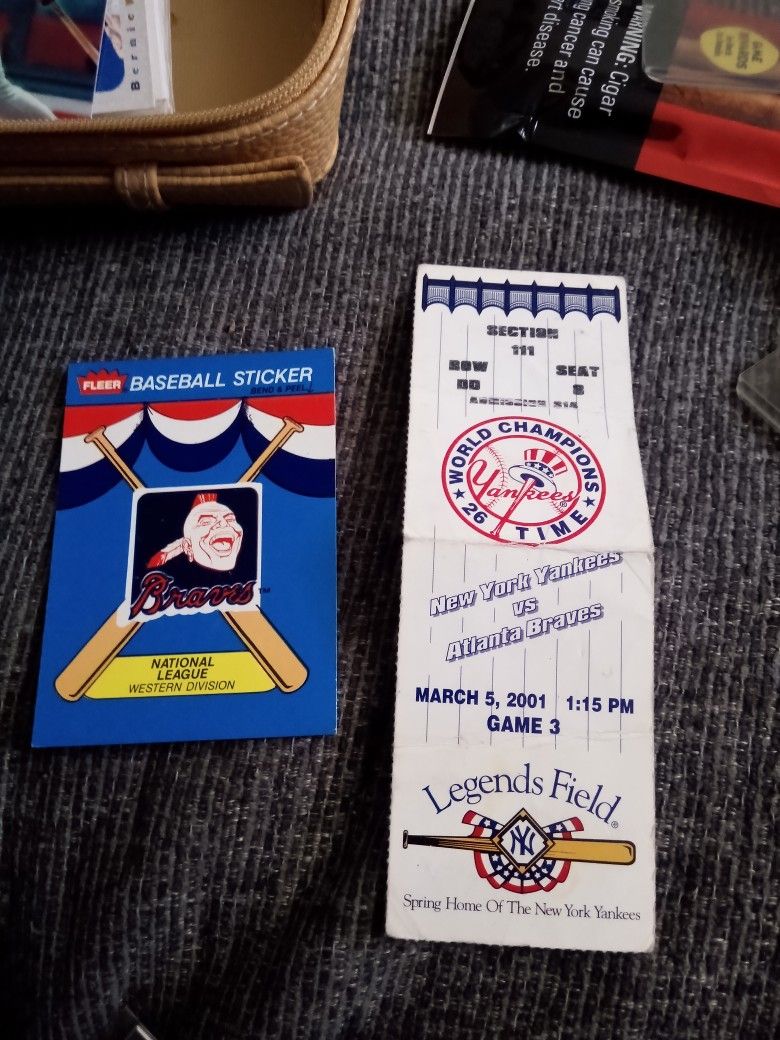 Atl Braves 1988 Sticker And 2001 Ticket To Ny And Atl Baseball 