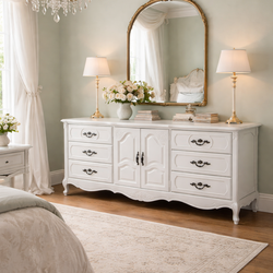 Refinished Pure White Stanley Furniture French Provincial Solid Oak Wood 9 Drawer Dresser Or 85” Tv Stand