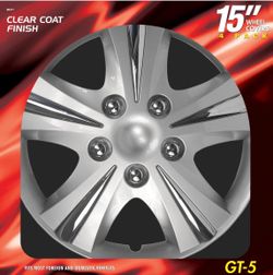 Custom Accessories 4-Pack 15" SGT-5 Wheel Covers, Replacement Hubcaps for Cars, Trucks, SUVs — Silver/Chrome