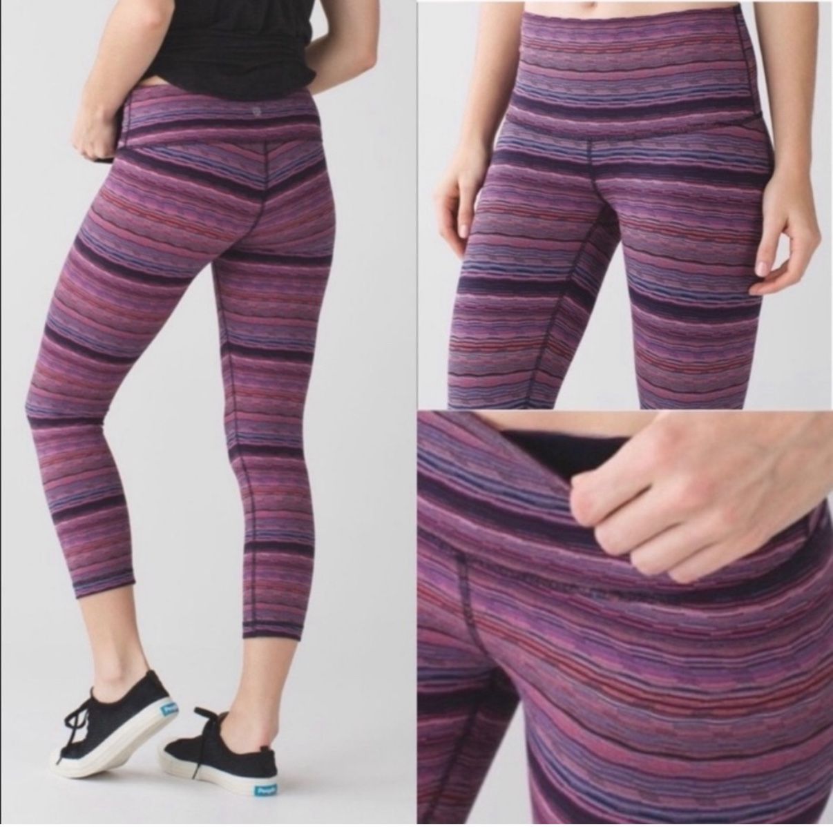 G19 Lululemon Crop Leggings Womens 6 Pink Multicolor Wunder Under Cyber Stripe