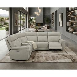 Brand New Light Gray Real Leather 6-Piece Modular Power Reclining Sectional with Power Headrests and Charging Ports (120.5 x 106.5 x 42H)