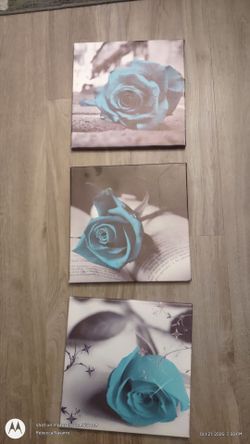 Teal rose canvas set of 3 12x12