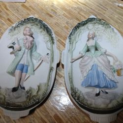 Chase Vintage Pair Victorian Bisque Figural Wall Plaques Made In Occupied Japan