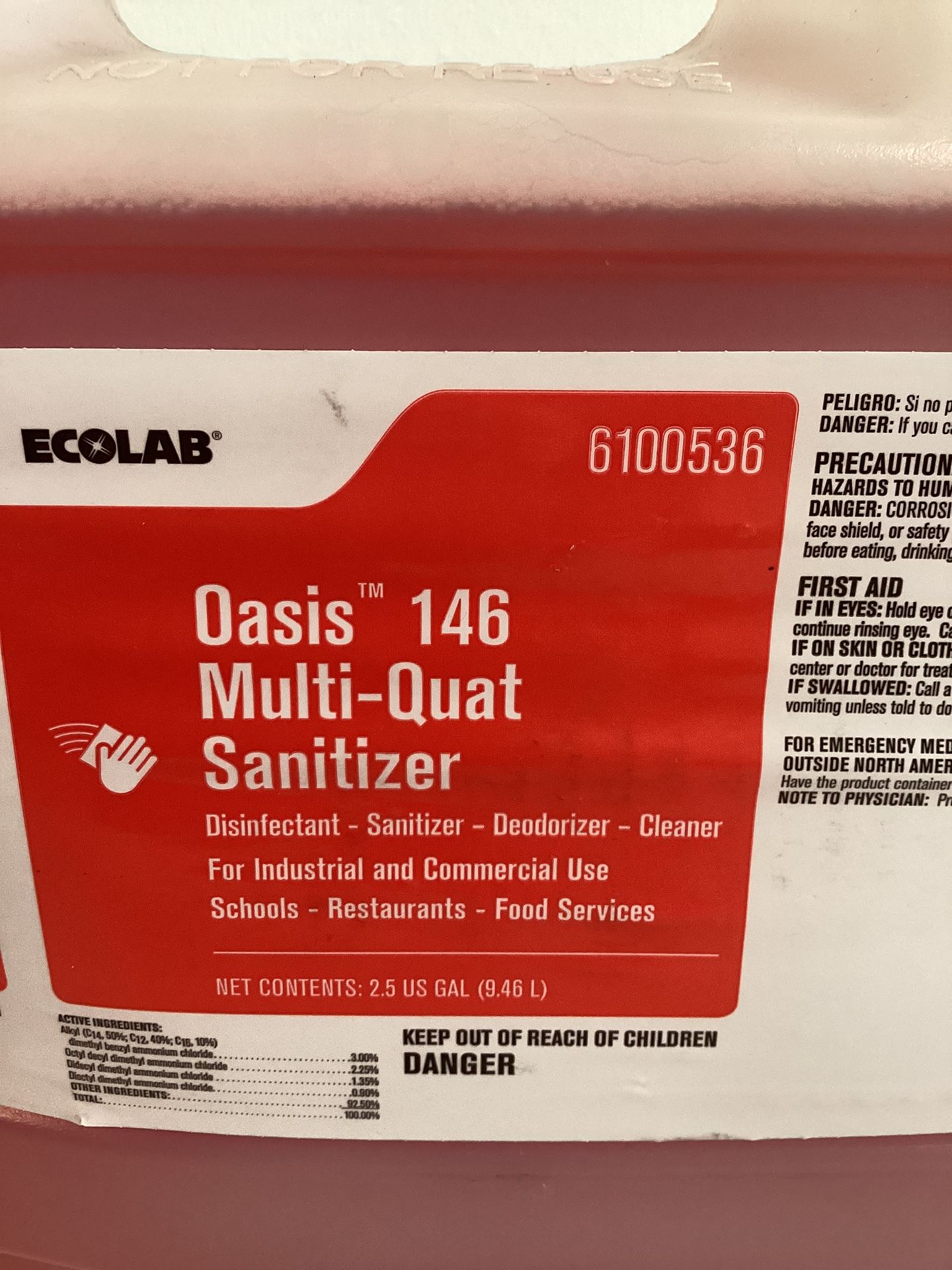 EcoLab Oasis 146 MultiQuat Sanitizer For Industrial Use Schools