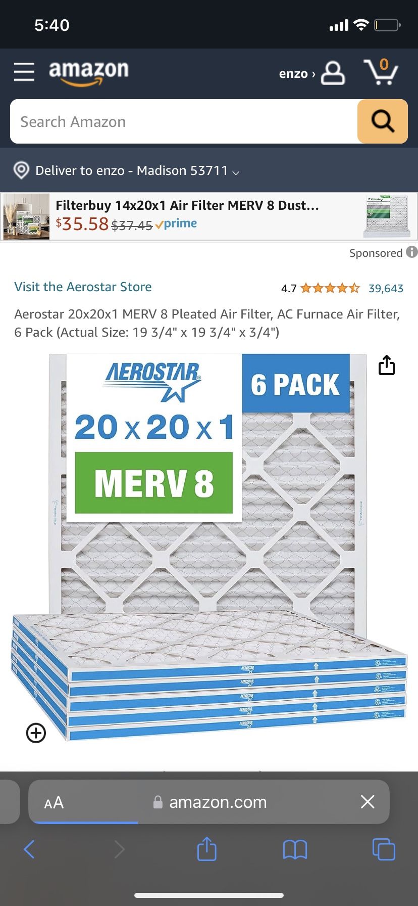 20x20x1 Air Filter New 6 Pack