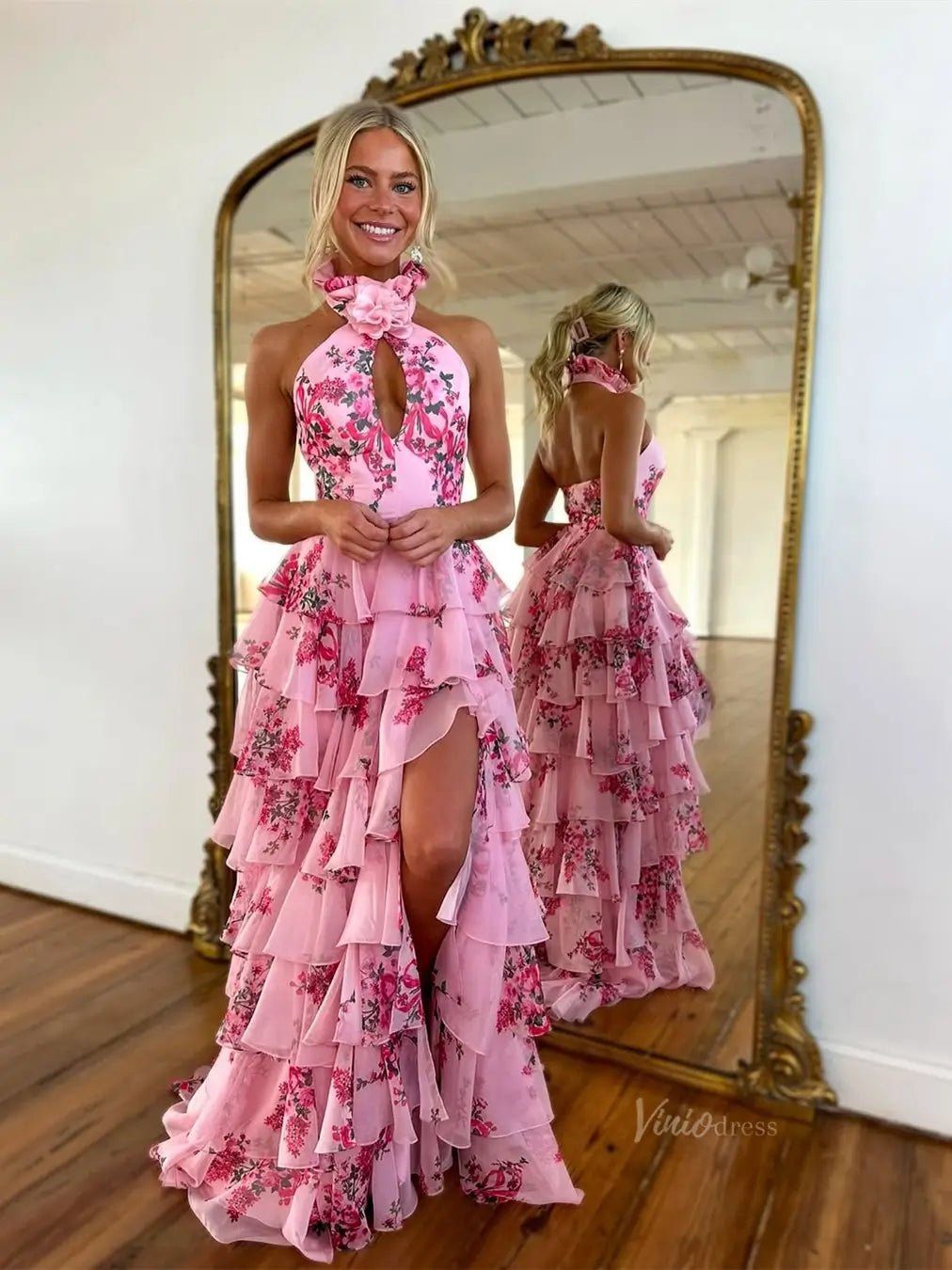 Dress Tiered Floral Print Prom Dresses Long Ball Gown Strapless A Line Formal Evening