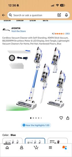 Cordless Vacuum Cleaner with Self-Standing, 45KPA Stick Vacuum, 88,000RPM Brushless Motor & LED Display, Anti-Tangle, Lightweight Vacuum Cleaners for 
