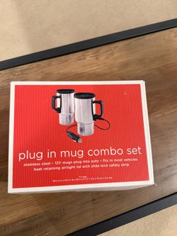 Set of 2 Stainless Steel Heated Travel Mugs – 12V Auto Plug