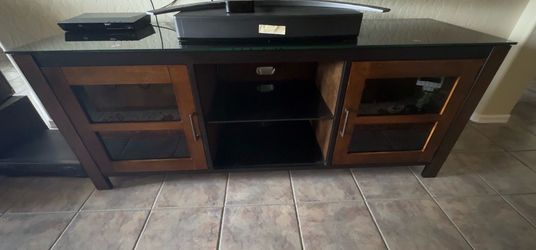 Today ONLY- Insignia Dark Brown wood/black metal trim tempered glass shelves/top TVMedia console industrial look