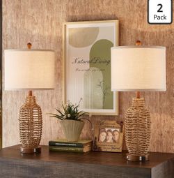 Rattan Table Lamps Set of 2 Wicker Lamps 3 Way Dimmable Touch Control Farmhouse Rustic Coastal Lamps with USB Port for Bedroom Living Room Office