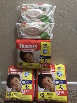 3 packs of diapers snug and dry size 5 with 2 packf of wipes