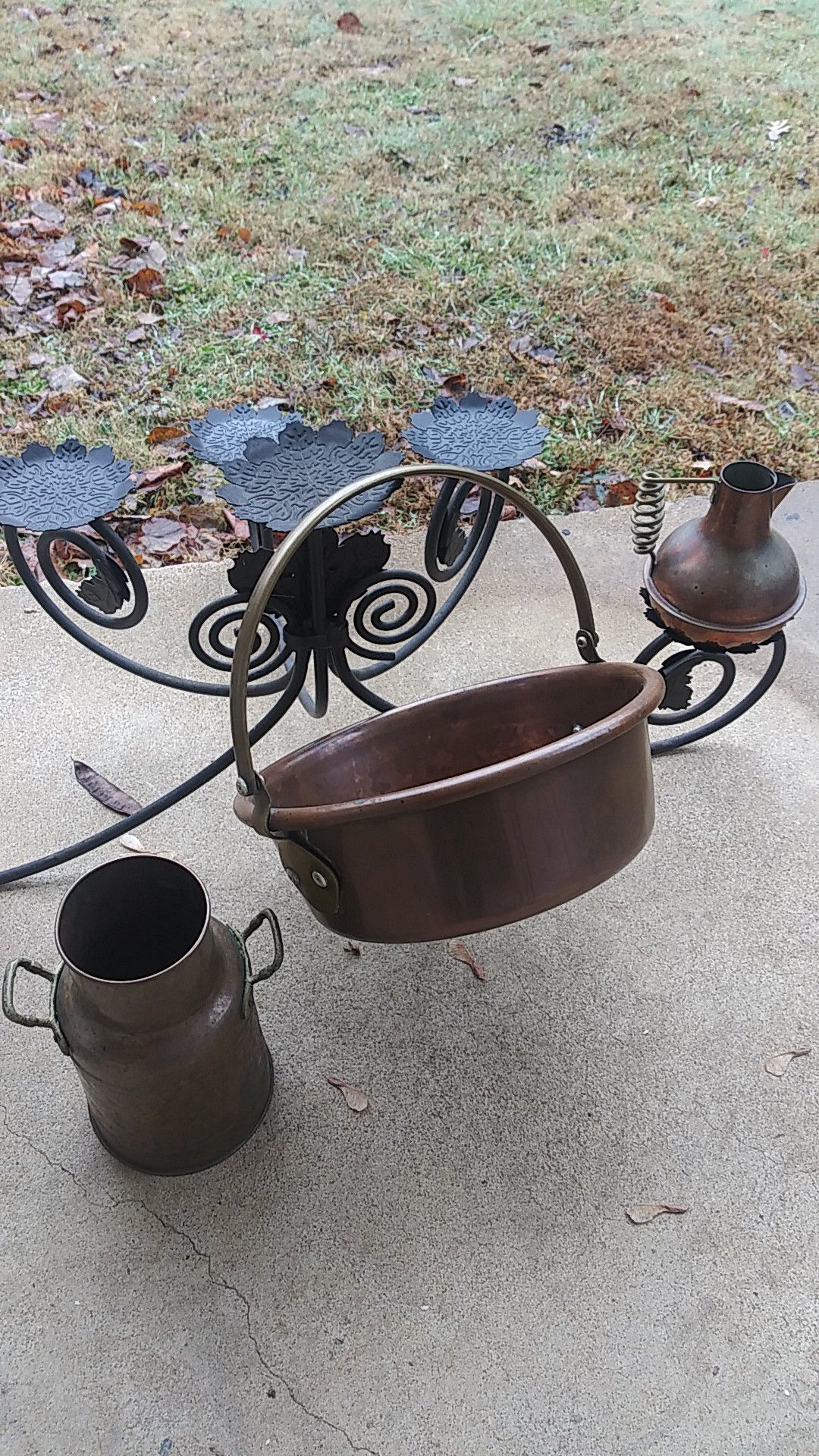 Lot copper 3 pc pot jug brass handles vintage