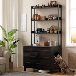 68" Cat Litter Box Enclosure Cabinet with Power Outlet Black Hidden Litter Box Cabinet w/ 4-Tier Storage Shelf Kitty Washroom Cabinet & Pet House Fit 