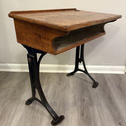 Antique Wooden & Cast-Iron School Desk