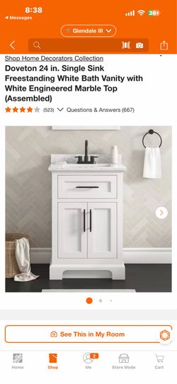 Shop Home Decorators Collection Doveton 24 in. Single Sink Freestanding White Bath Vanity with White Engineered Marble Top (Assembled) *** (523) V