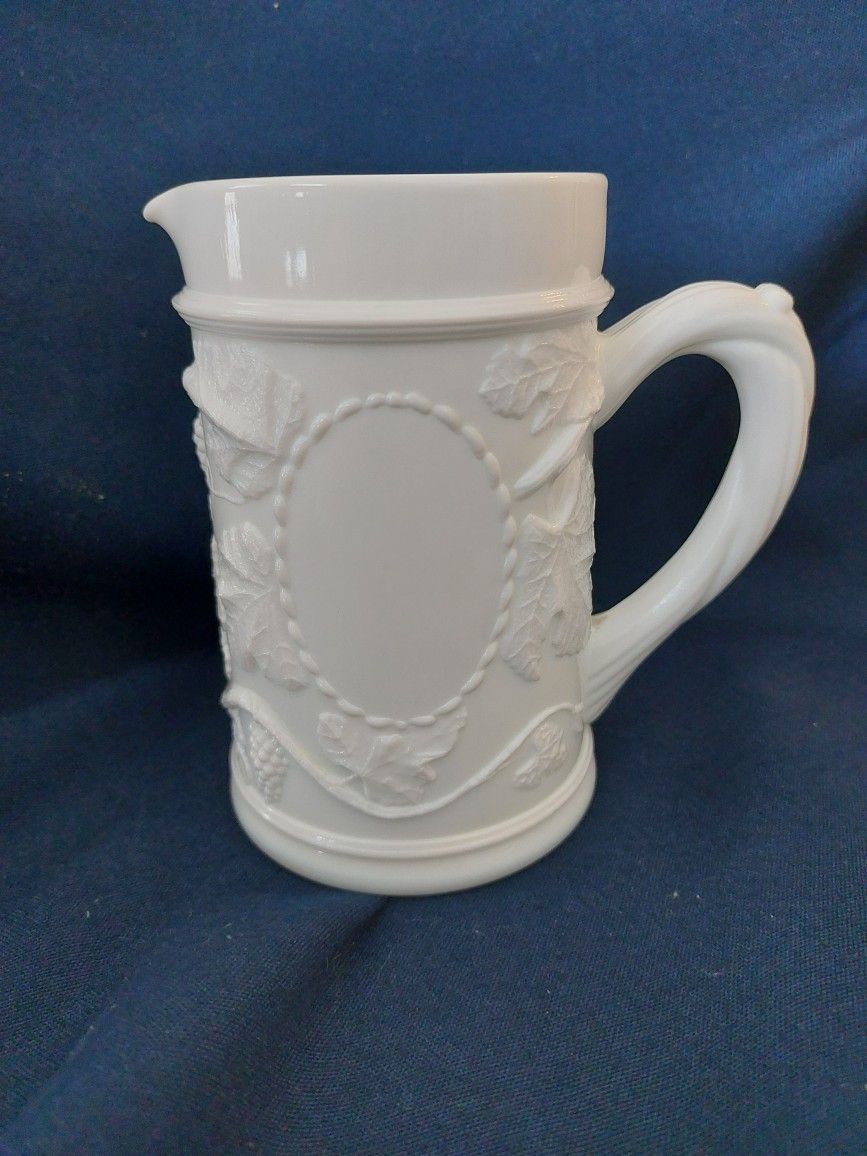 Fenton Milk Glass Pitcher, Grapes & Leaves, Relief Pattern, Vine Handle