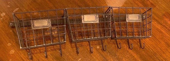 Metal Wire Wall Baskets with Hooks Set of 3