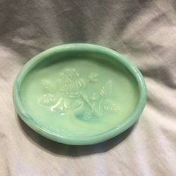Vintage Avon Blue Green Swirl Milk glass Rose Design Soap Dish 