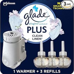 Glade PlugIns Plus Refills Air Freshener Starter Kit, Clean Linen, Scented and Essential Oils for Home and Bathroom, 0.67 Fl Oz, 1 Warmer + 3 Refills