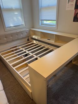 Cream Full Bed Frame with Storage and Table