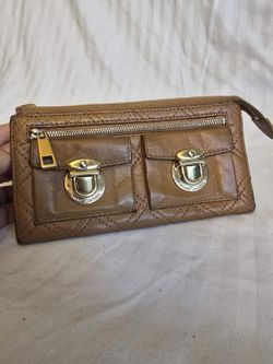 Marc Jacobs Quilted Leather Double Push-Lock Zip Wallet / Clutch in tan/cognac brown leather.