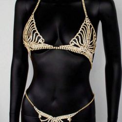 Gold Plated Rhinestone Floral Bra And Body Chain Set