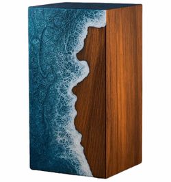 Hardwood Wood Cremation Urn with Blue Resin Ocean Wave Design