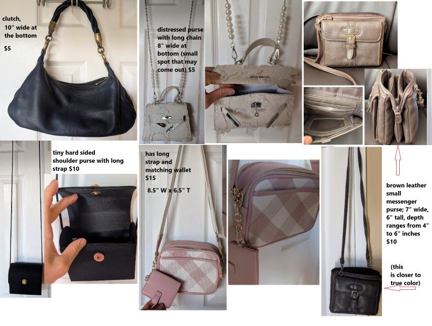 ($5 - $15 each) Handbag, black purse, cross-body bag, hobo satchel clutch, distressed, plaid, small size long chain