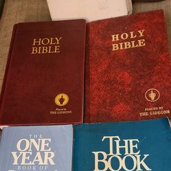 Lot of Bibles and prayer books. White by Precious Moments, 2 Gideons, One year of Book of Personal Prayer, The Book in One Year
