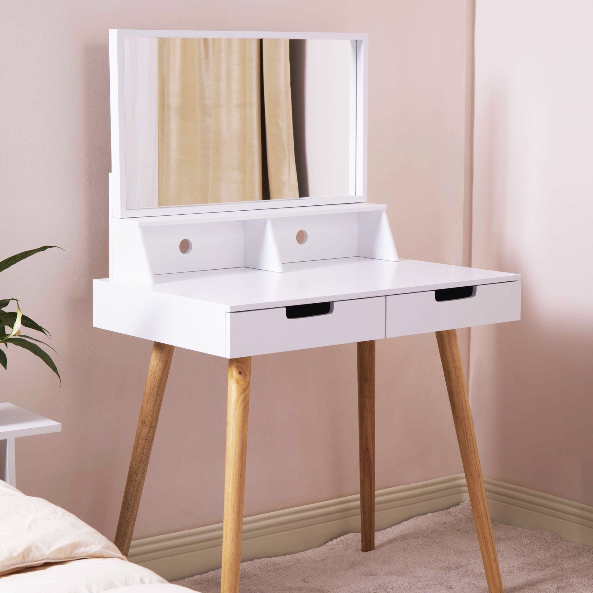 Organizedlife Vanity Dressing Table Dressing Mirror with 2 Makeups Drawers,White