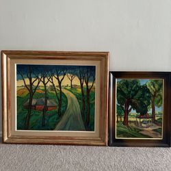 Beautiful 1977 Gabriele Oil Painting Set – Original Landscapes on Wood – Framed