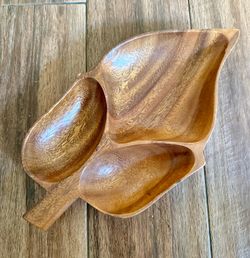 Vintage Leilani Monkey Pod Wood Divided Leaf Serving Tray Philippines MCM