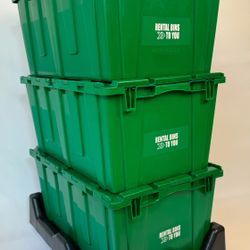 250 Heavy Duty Green Totes / Rental Bins + 26 Black Dollies